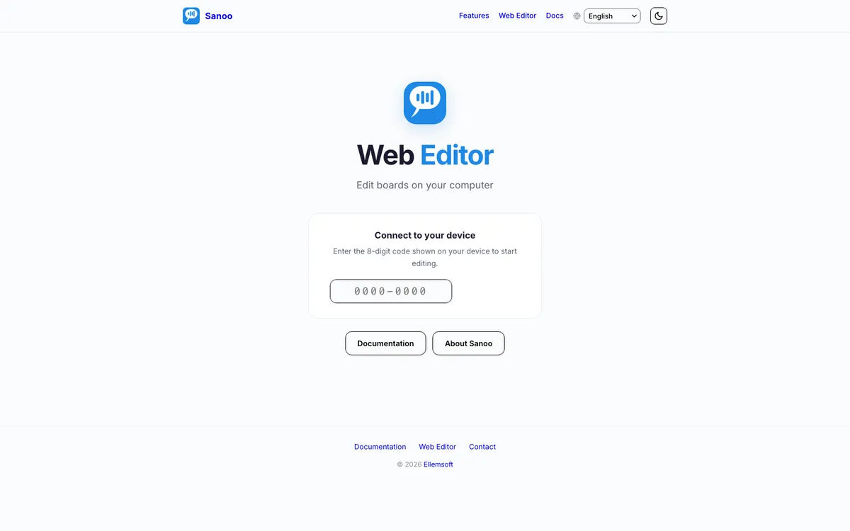 Screenshot: Device showing 8-digit code and web editor landing page.