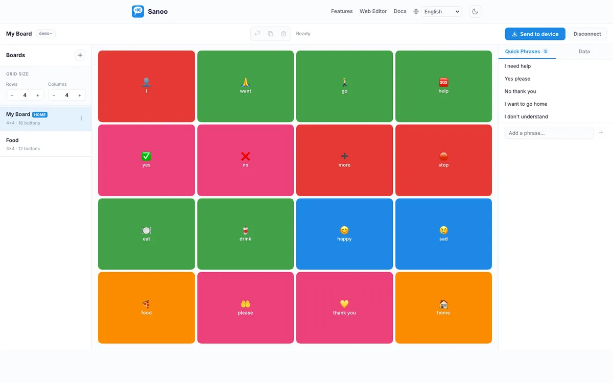 Screenshot: Web editor with board grid, sidebar, and button edit panel